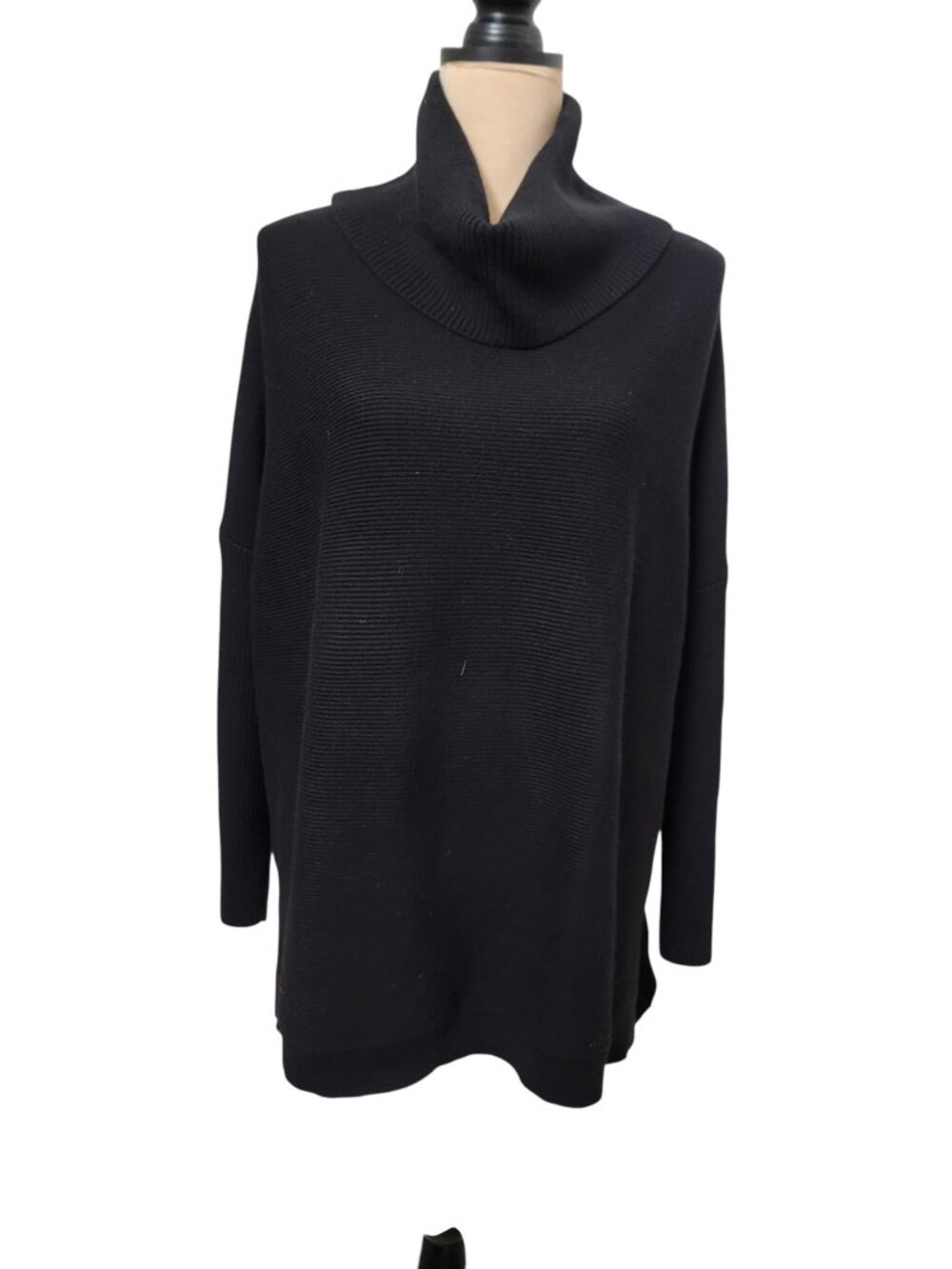 Anrabess Size L Black Ribbed Knit Cowl Neck Sweater